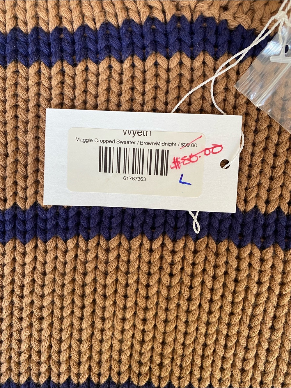 Women’s- Cropped Striped Knit Sweater - Tan & Navy - Picture 4 of 4